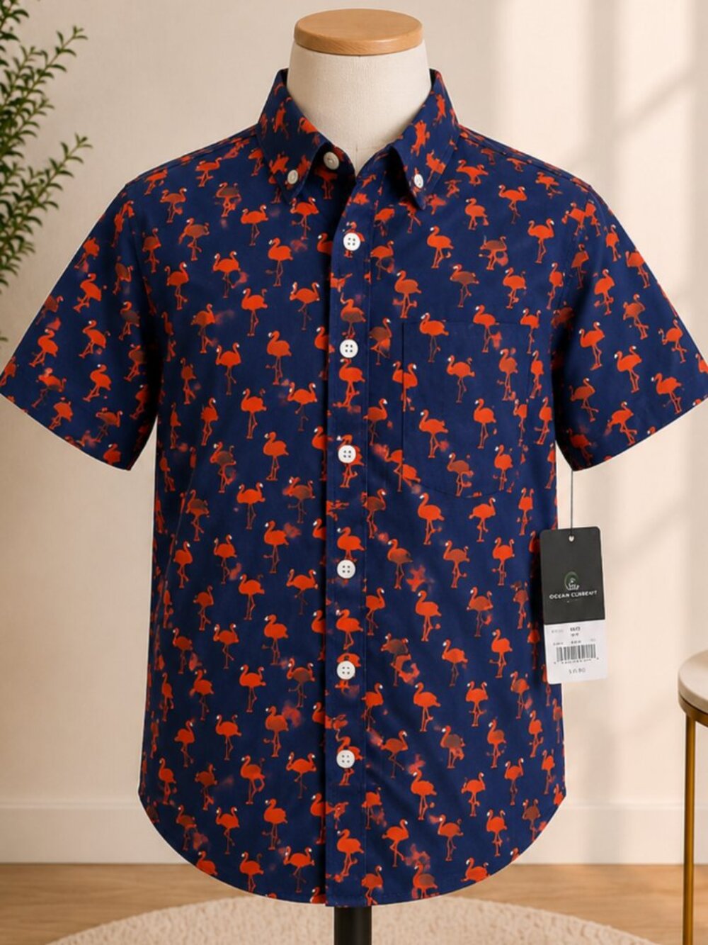 Ocean Current Boys Flamingo Button-Up Shirt NWT Blue/Orange Size M